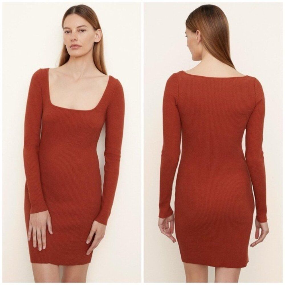 New Vince Long Sleeve Square-Neck Mini Dress in Rust Amber Size XL